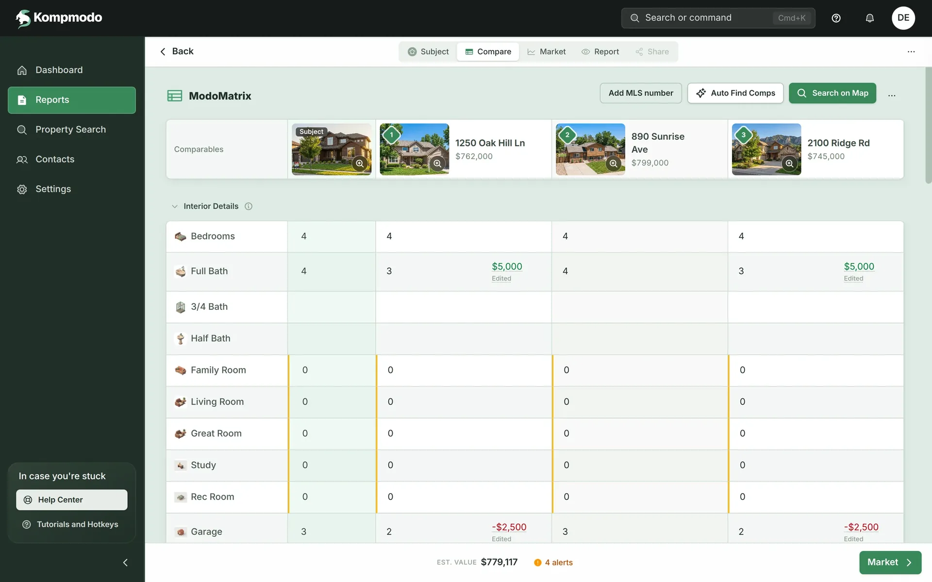 ModoMatrix: a subject home and three comparable sales over the adjustment grid
